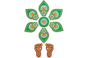 ARTISENIA Acrylic Deepak Diwali Rangoli with Laxmi Charan Pagla | Diwali Floor Decorations Table Decoration Studded Stones Sequins Traditional Festive Home Door Décor (Design4)