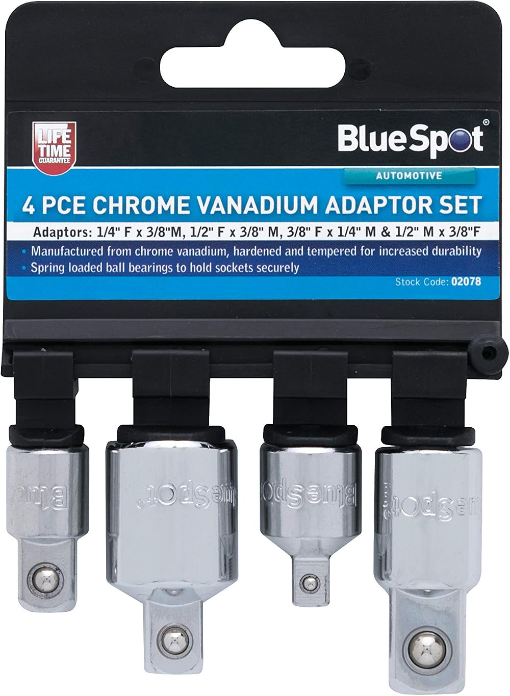 Blue Spot Tools 02078 Adaptor Set Chrome Vanadium 4 Piece Socket Retainer