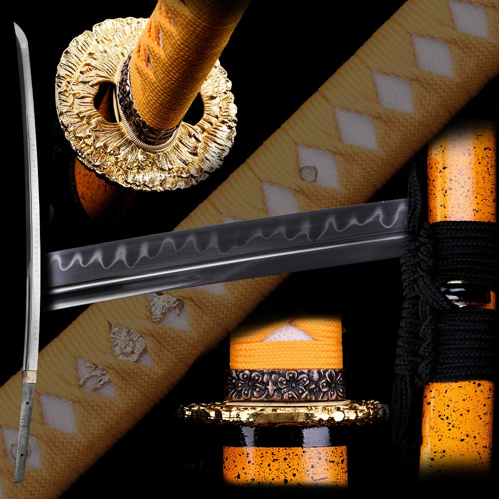 siwode Handmade Full Tang Sharp Katana, Iron Gilded Peony Tsuba Japanese Samurai Sword (High Carbon Steel 1060) 40-Inch