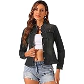 Allegra K Casual Denim Jacket for Women's Classic Stand Collar Long Sleeve Jean Jacket