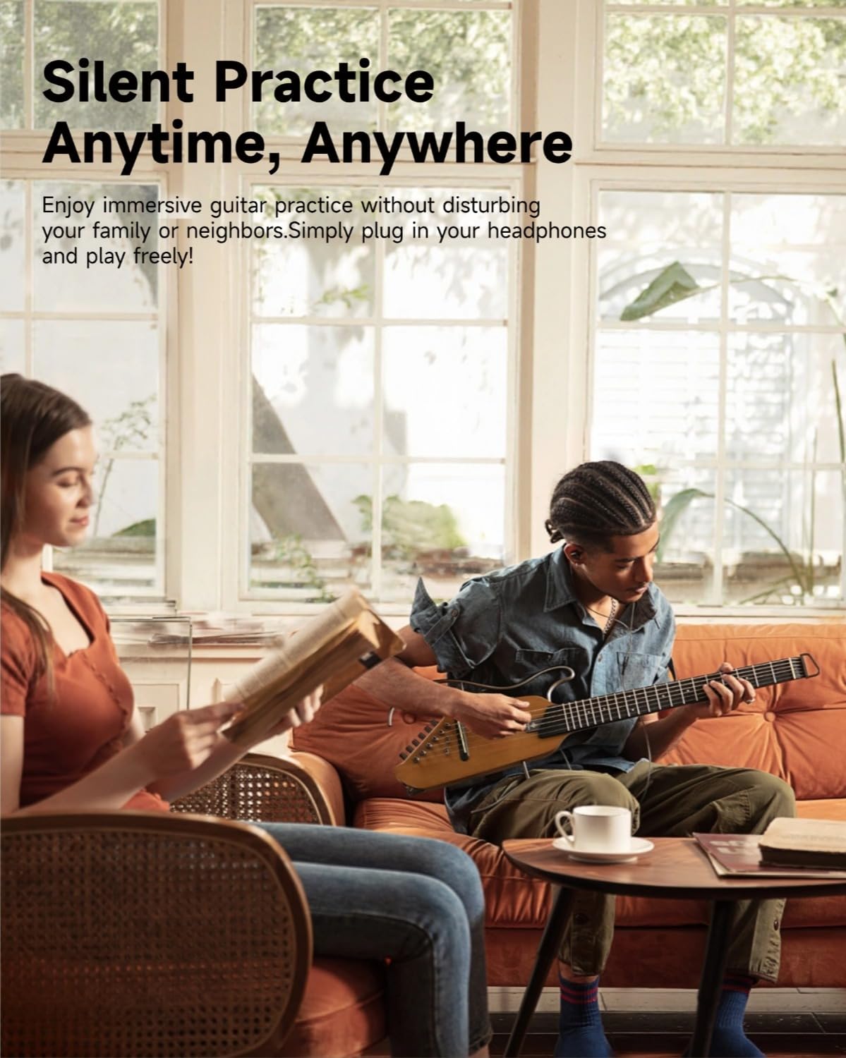 Donner HUSH I Guitar For Travel - Portable Ultra-Light and Quiet Performance Headless Acoustic-Electric Guitar, Maple Body with Removable Frames, Gig Bag, and Accessories