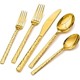 40 Piece Gold Silverware Set, 18/10 Stainless Steel Hammered Flatware for 8 | KINGSTONE Flatware set Includes Fork Spoon Knives, Cutlery Utensil Set for Party,Wedding, Mirror Polished Dishwasher Safe