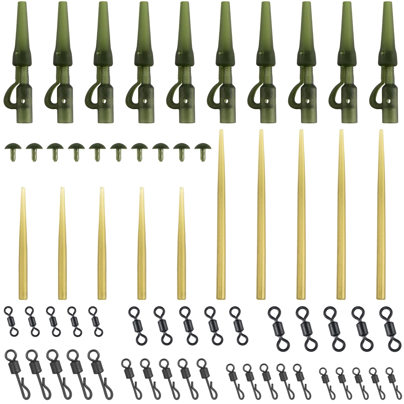 Alwonder 55pcs Carp Action Pack Fishing Accessories Include Swivels QC Swivels Safety Clip Anti-Tangle Sleeves, Carp Fishing Action Pack