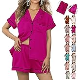 WJing Yi Jia Womens 3Pcs Floral Pajamas Sets Silk Satin Sleepwear XS~4XL Button Down Short Sleeve Shirt Pjs Loungewear