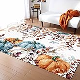 Debedcor Thanksgiving Area Rug for Living Room, Fall Blue Orange Grey Pumpkin Rectangular Indoor Carpet - 2' x 3', Brown Eucalyptus Leaves Non-Skid Bathroom Mat Kitchen Runner Rugs for Bedroom