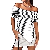 Hubery Women's Off Shoulder Short Sleeve Asymmetrical Hem Ribbed Tee Slim Fitted Striped Tops Summer Sexy Tees Shirts