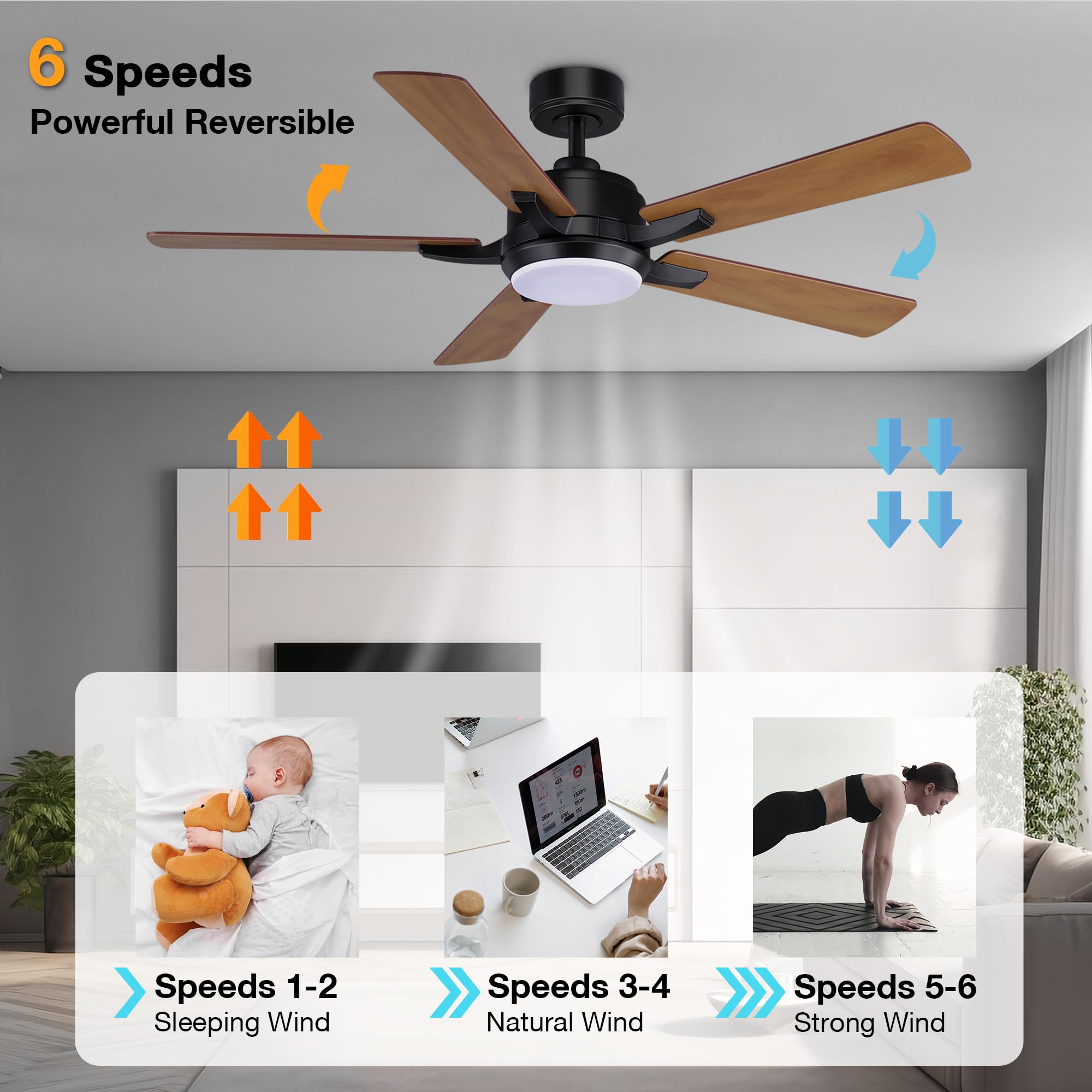 52” Smart Ceiling Fans with Lights and Remote,Quiet DC Motor,Outdoor Indoor Wood& Black Ceiling Fan,Voice Control via WIFI Alexa App,Modern Dimmable LED Ceiling Fan for Bedroom Patio Porch