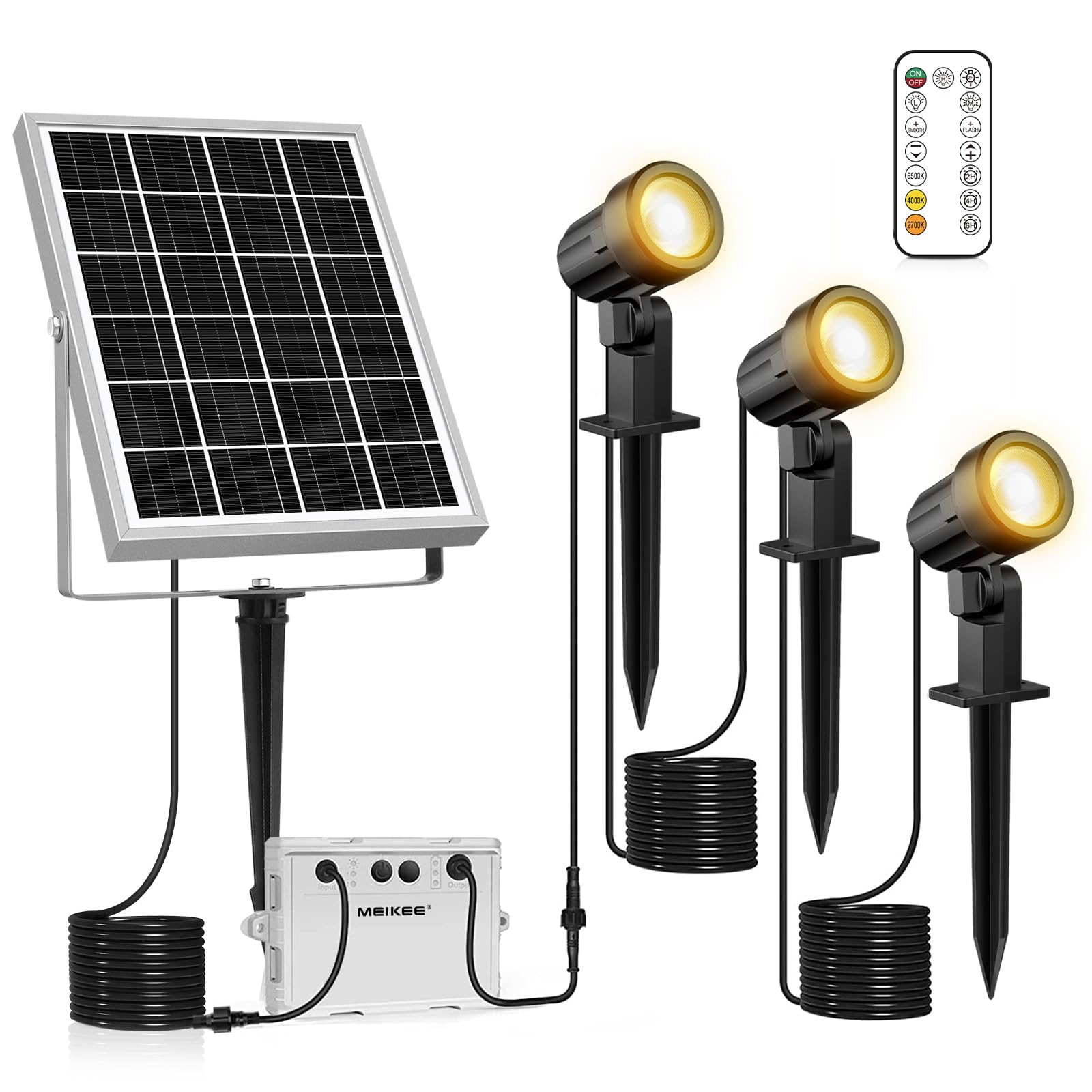 MEIKEE 3 in 1 Solar Spot Lights Outdoor Garden – 3 Colors LED Landscape Lighting with Remote, IP66 Waterproof Dusk to Dawn Dimmable Solar Spike Lights, Smooth & Flash Modes for Lawn Path Yard Fence