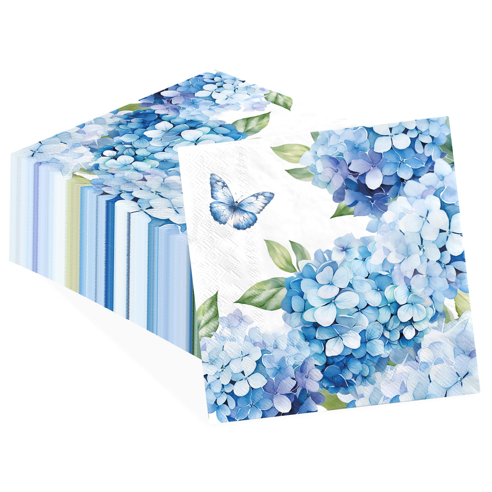 Photo 1 of 100Pcs Hydrangea Paper Napkins 3-Ply Watercolor Blue and White Floral Butterfly Disposable Dinner Napkins Spring Pretty Decoupage Napkins for Wedding Bridal Shower Lunch Kitchen Supplies 6.5'' x 6.5"