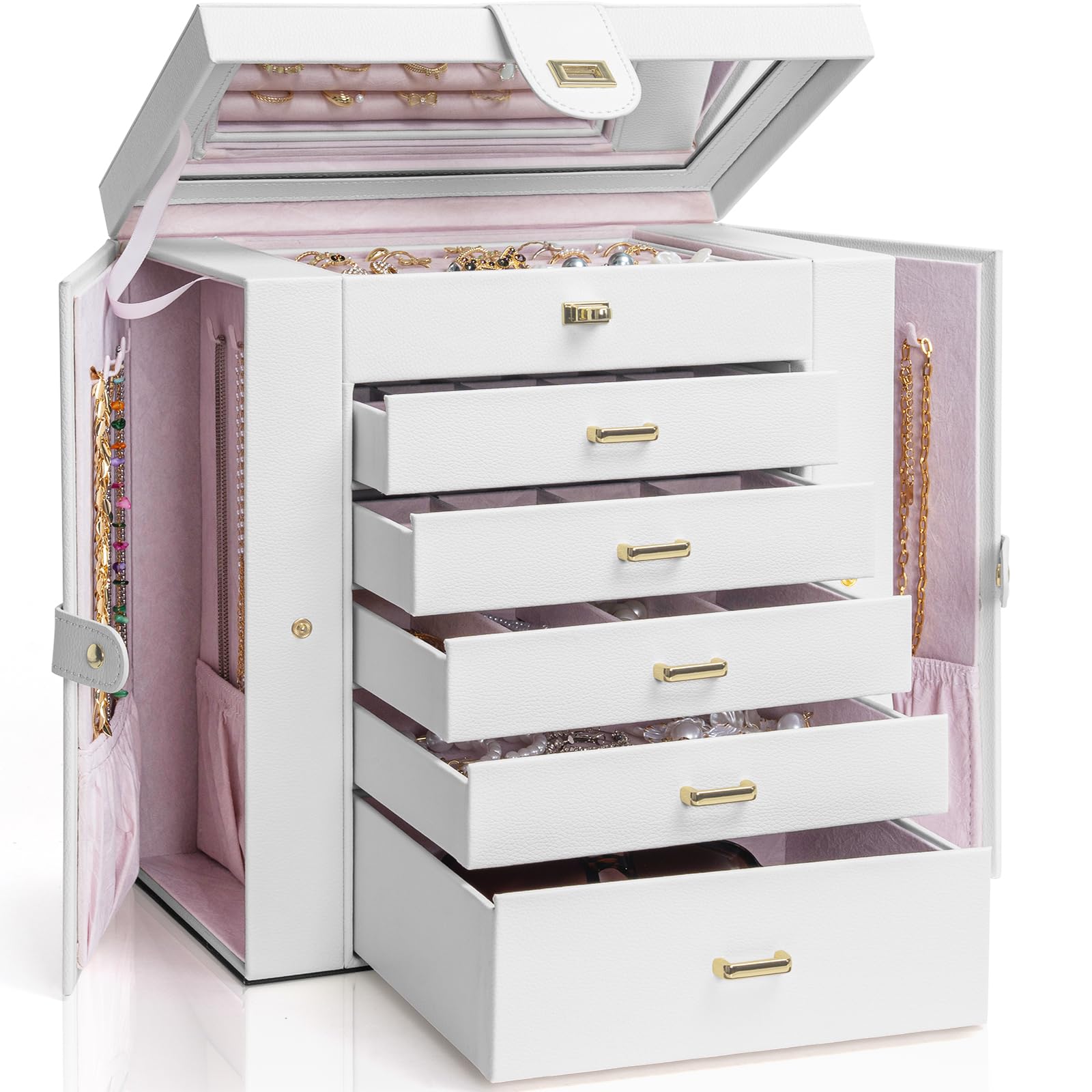 Photo 1 of AKOZLIN Extra Large 6-Tier Jewelry Box Organizer with Mirror, 5 Drawers Leather Jewelry Storage Case for Women Girls Ring Necklace Earring Bracelet White