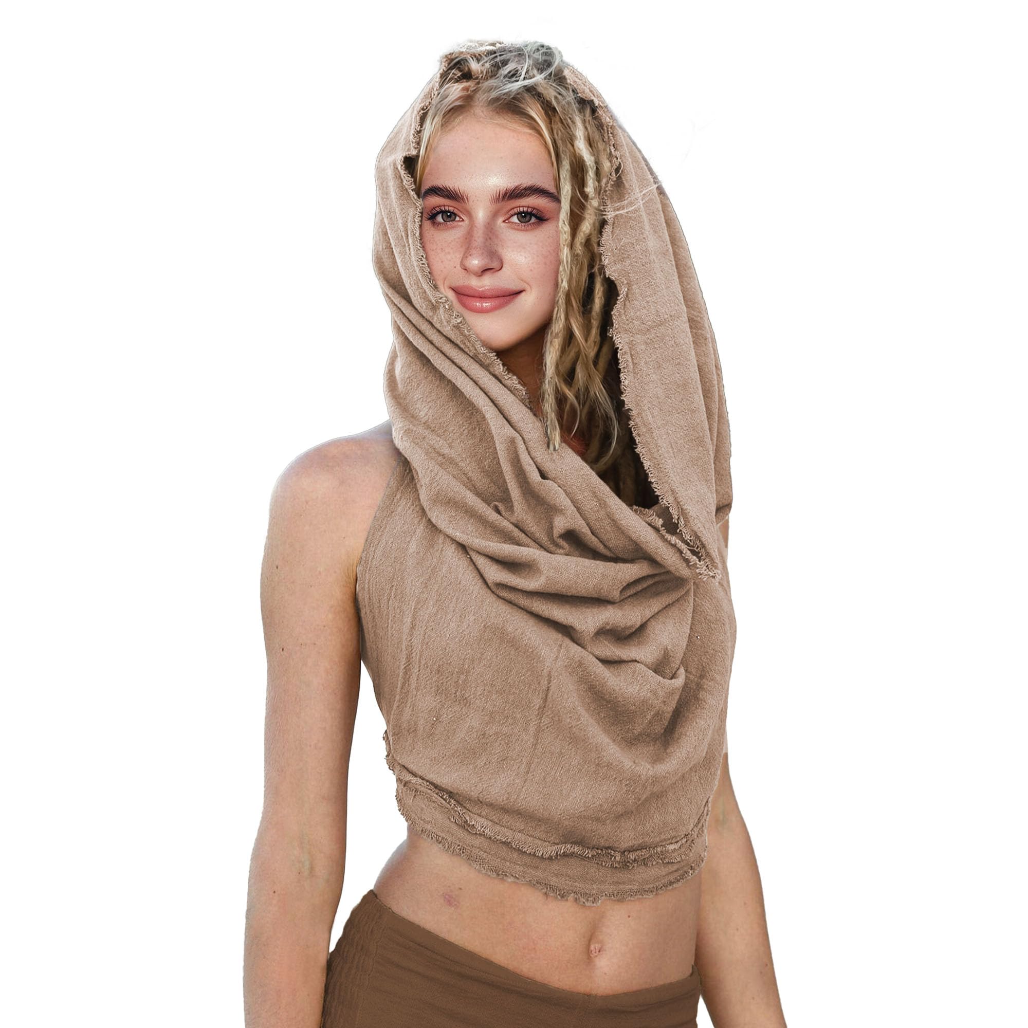 Photo 1 of Dune Style Women's Crop Tank Top - Halter, Boho Open Back, Cross Wrap Swim Cover Up, 100% Cotton, Washed Raw-Edge (US, Alpha, One Size, Regular, Regular, Beige)LPNPMEY1246881
