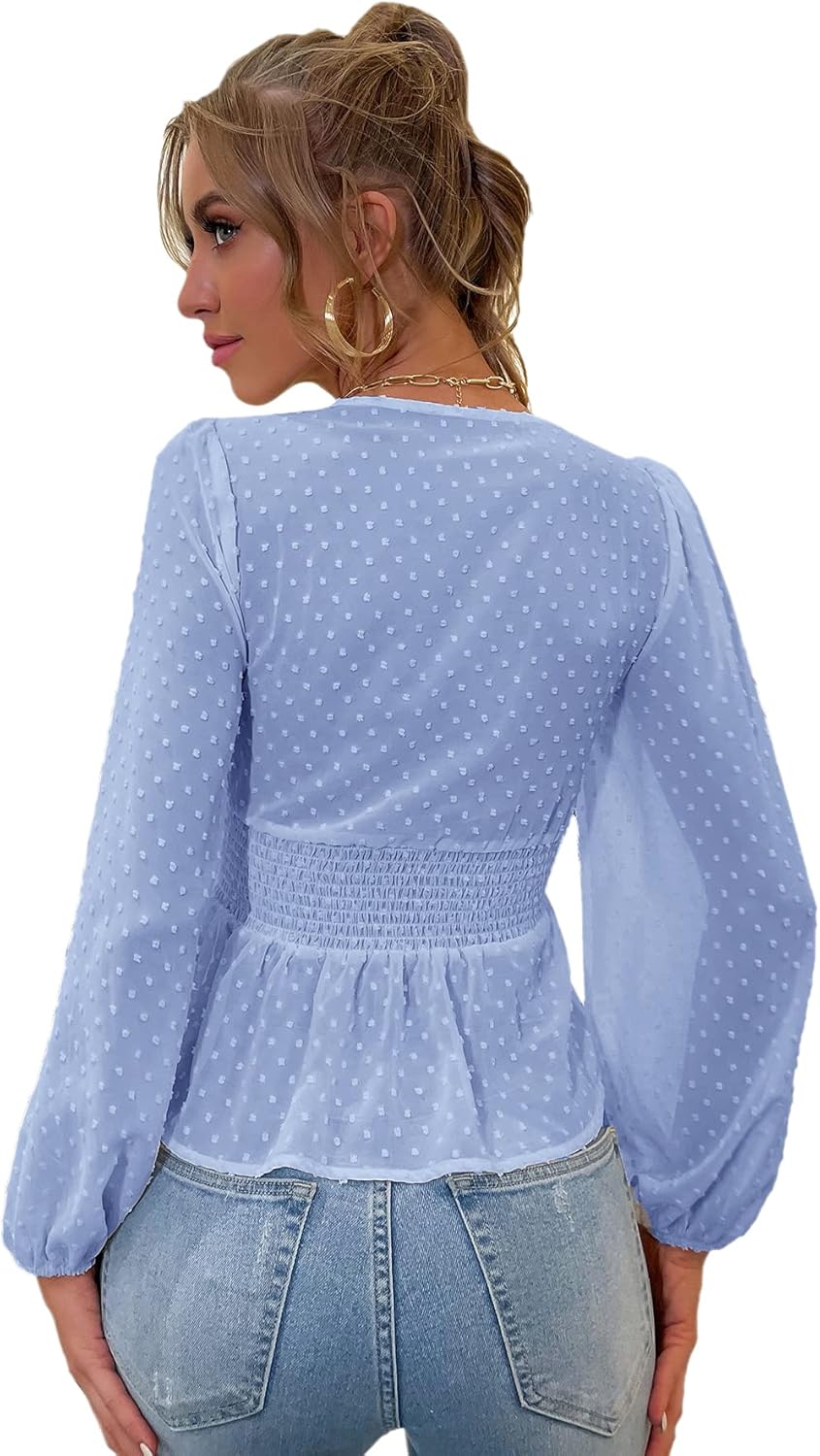 swiss dot shirred chiffon blouse