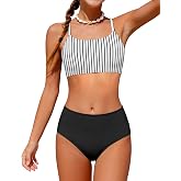 Boiltcat Girls Swimsuit High Waisted Contrast Striped 3 Piece Bathing Suit Bikini with Cover Up 9-16 Years
