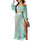 ECHOINE Women Sexy Two Piece Skirt Set - Tassel Hollow Out Off Shoulder High Split Cover Up Bikini Beach Dresses