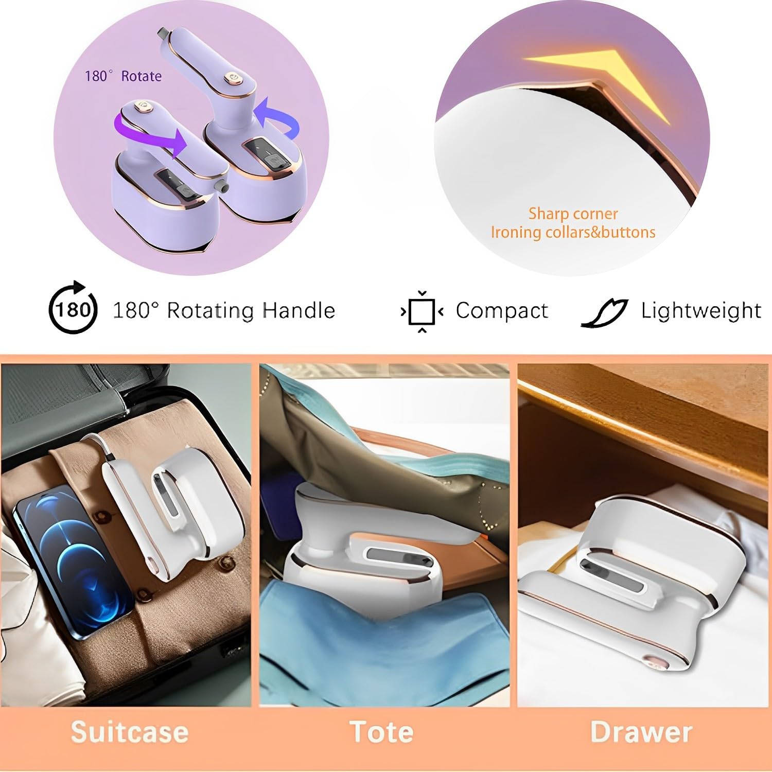 Iron Steamer for Clothes Travel Garment Steamer 1000W 5S Fast Heat-up Mini Steamers Portable Handheld Iron 180° Foldable Small Iron for Travel Dry Wet White