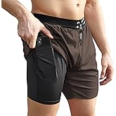 ENVMENST Men's 2 in 1 Workout Running Shorts with Liner, Athletic Gym Shorts with Pockets Brown