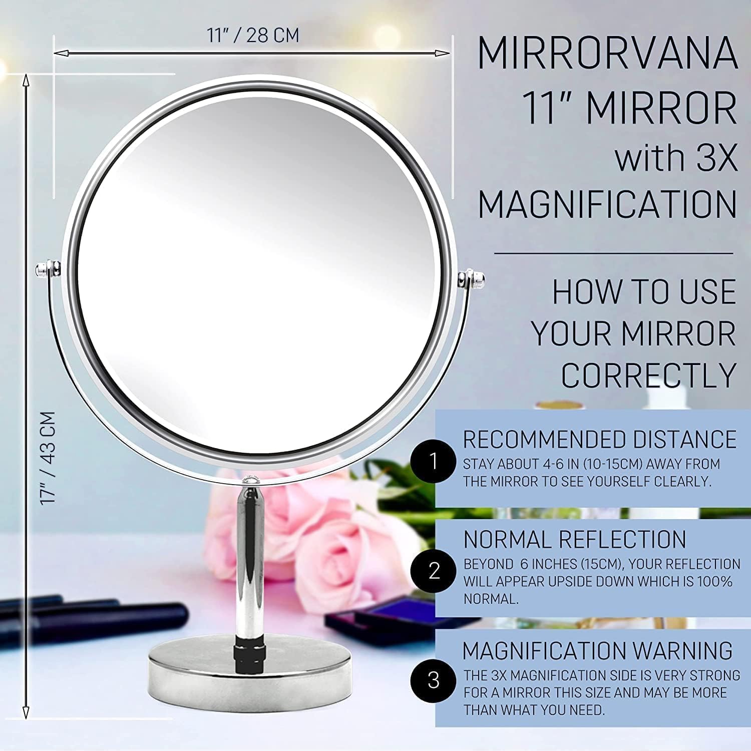 XXLarge Oversized 3X Weak Magnifying Mirror with Stand for Desk, Table, Retail Store Countertop, and Makeup Vanity - Double Sided 3X/1X Magnification - 17