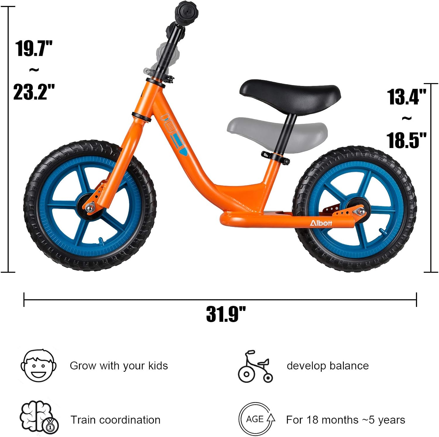 Albott 12 Sport Balance Bike - Toddler Training Bike w/Adjustable Height Seat & Handlebar, Push Bikes for Toddlers No Pedal Scooter Bicycle with Footrest for Age 18 Months and Over(Orange): Sports & Outdoors
