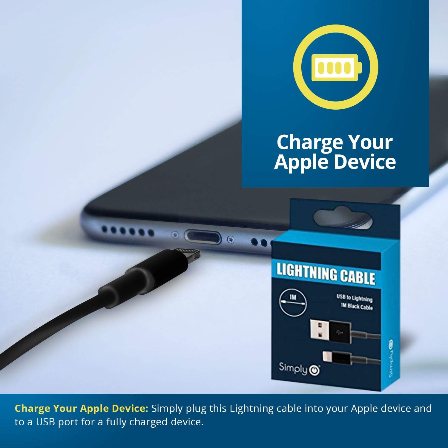 Simply ICIP01 MFI USB to Lightning 1 m Long Charging Cable for iPhone 11/SE/12/13+Pro, iPad, Air - Image 4