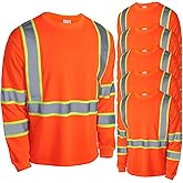 Zhanmai 6 Pack Safety Long Sleeve, Class 3 High Visibility T Shirt with Reflective Strips for Work Surveyor Construction Orange