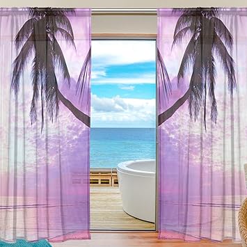 Amazon Com Wozo Ocean Palm Tree Window Sheer Curtain Panels 55 X