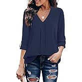 Youtalia Womens Blouses Dressy Casual Business Tops 3/4 Sleeve Chiffon V Neck Work Office Shirts