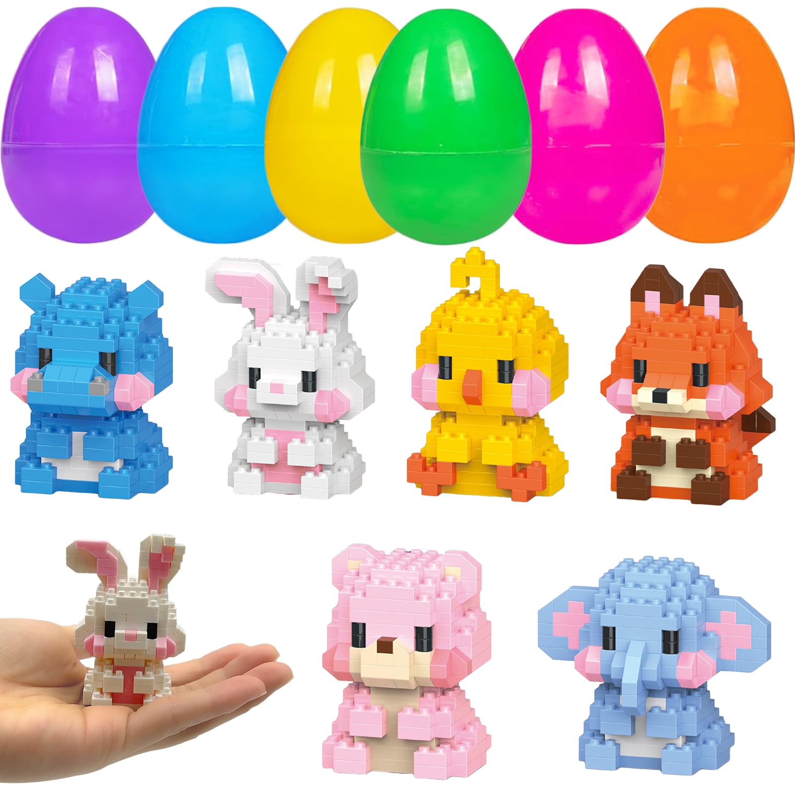 CHHOEAV 6 Pack Prefilled Easter Eggs with Toys Inside, Cute Mini Animals Building Blocks for Easter Basket Stuffers Essential, Easter Egg Fillers Gift for Kids Age 6-12+