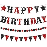 Black and Red Happy Birthday Decorations Kit 4 Pcs Black Red Birthday Banner Garland Glitter Birthday Sign for Women Men Boys Girls Halloween Killer Horror Party Decor Supplies