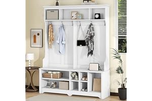 ANTSKU 60" W Hall Tree with Shoe Storage Bench, Entryway Bench with Coat Rack, Shoe Storage Cubbies and Shelves, Multifunctional Mudroom Bench with Storage and 6 Hooks for Entryway, Hallway (White)