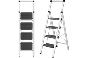 4 Step Ladder, DIAMONDFORGE Folding Step Stool with Wide Anti-Slip Pedal, Anti-Slip Feet and Handgrip, Sturdiest Steel Construction, Steel Ladder for Home, Black Grey