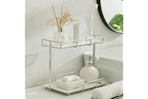 DOBBYBY Bathroom Organizer Countertop Perfume Organizer Makeup Organizer Cosmetics Storage Display Rack Vanity Tray Dresser Stainless Steel Gold Shelf White Marble Ceramic Tray (2 Tier L-Sliver)