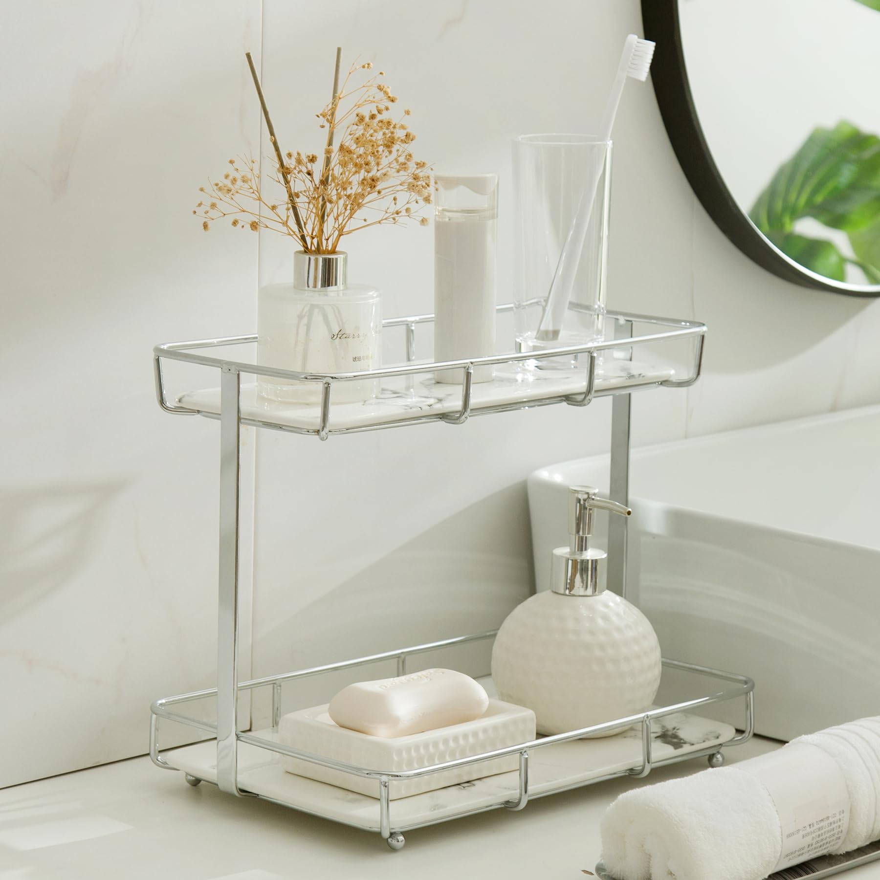 Photo 1 of Dobbyby Bathroom Organizer Countertop Perfume Organizer Makeup Organizer Cosmetics Storage Display Rack Vanity Tray Dresser Stainless Steel Gold Shelf White Marble Ceramic Tray (L-Sliver)