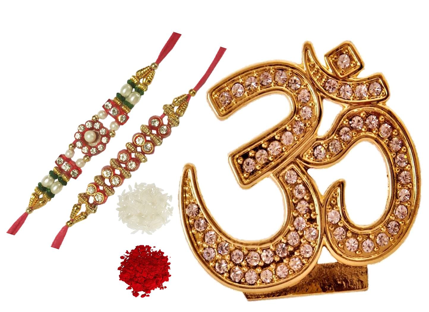 Purpledip Bhai Dooj Rakhi Gift Set: Small Golden Om Statue, 2 Designer Rakhi, Roli Chawal in Red Paan Packing (rakhi67)