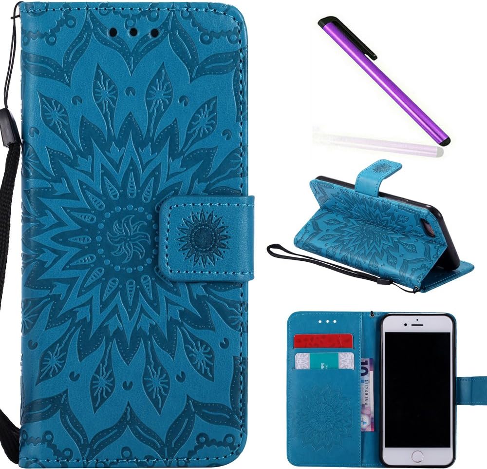 COTDINFOR iPhone 7 Covers iPhone 8 Protection Case For Girl Elegant Retro Flip Case Wallet PU Premium Leather Magnetic Slim Stand Case Card Holder For Phone 7/8 (4.7 inch) Blue Sunflower KT.