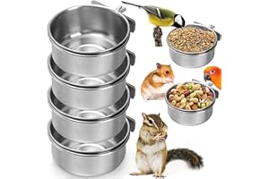 Okllen 4 Pack Bird Feeding Dish Cups, Detachable Stainless Steel Bird Food Bowls with Clamp, Bird Cage Feeder Hanging Pet Bow