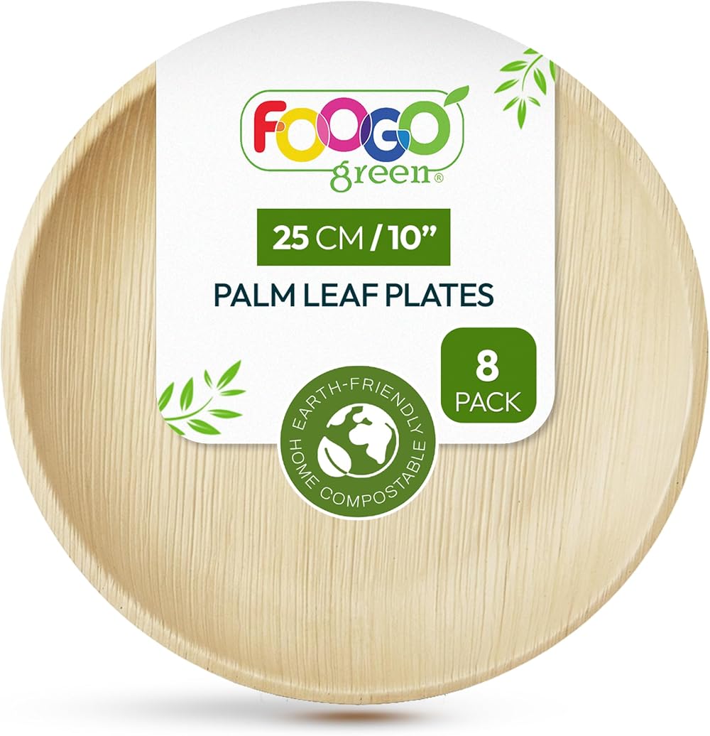 FOOGO Green 8pcs Palm Leaf Plates 10in Eco Biodegradable Compostable