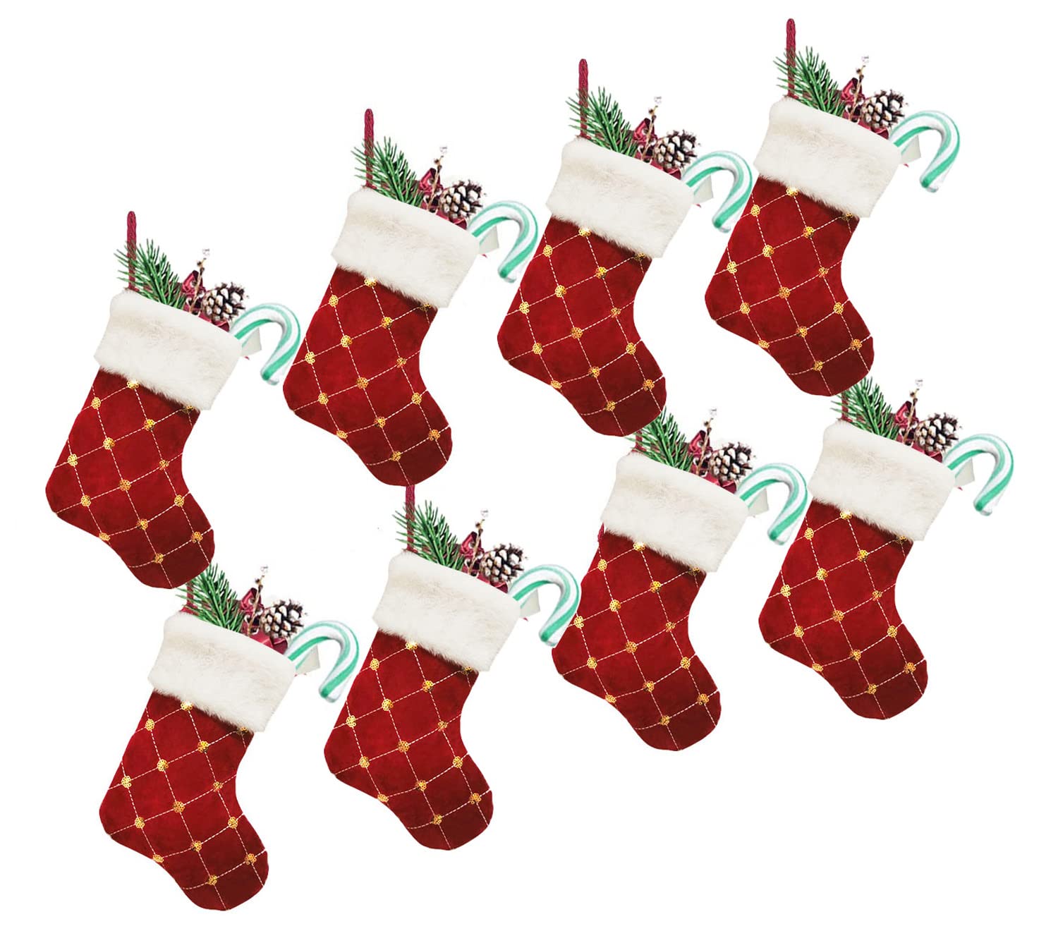 8 Pack Christmas Mini Stockings 9 inch Glitter Round Dots Sequins Grid Xmas Stocking with Plush Cuff Tableware Holders Gift Card Bags Holders Bulk Treats Bag Xmas Tree Decorations Set