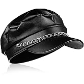 VALICLUD Navy Captain Hat for Women and Men Pu Leather Newsboy Cap with Chain Detail Flat Top Sailor Beret Style for Travel Party Daily Wear