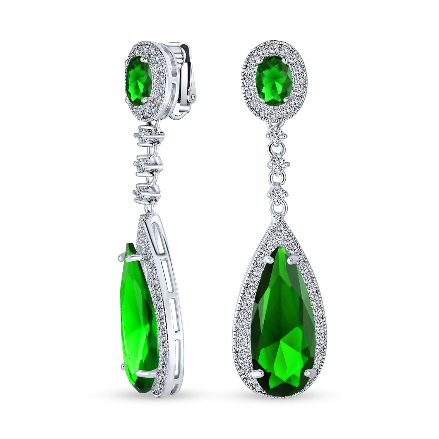 Green Teardrop Cubic Zirconia Dangle Prom Statement Screw Clip On Earrings Simulated Emerald Silver Plated Brass — image 1