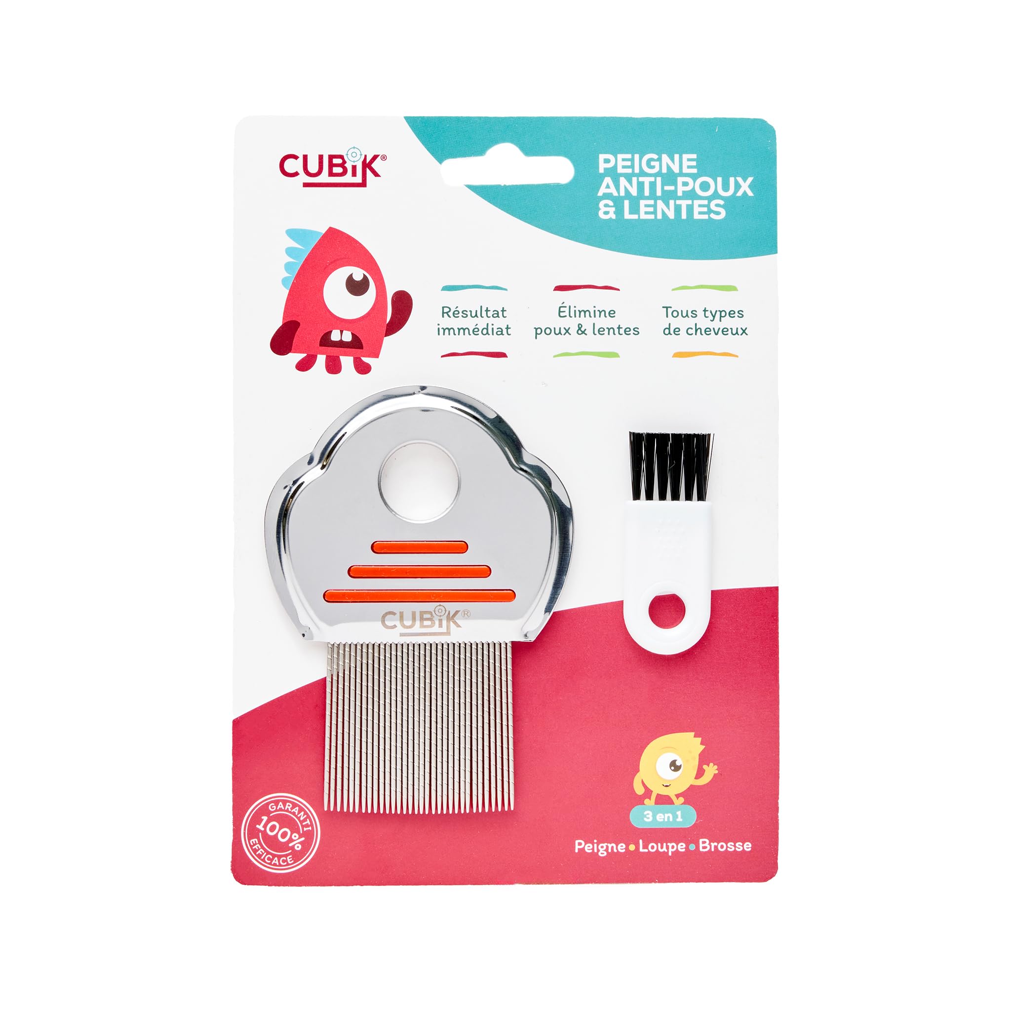 Cubik Stainless Steel Lice and Nits Comb with Magnifying Glass and Brush - Complete Kit 3 in 1 - 100% Natural Lice and Nits Removal - Gentle Treatment - Ideal for the Whole Family