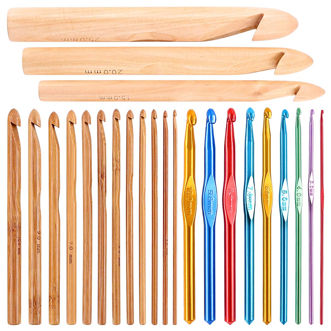 Glarks 24Pcs Crochet Hooks Set, 15Pcs 3 to 25 mm Wooden Bamboo Crochet Needle Knitting Hooks with 9Pcs 2 to 10 mm Aluminum 2-10 mm Handle Crochet Hooks for Sweater Hat Scarve Glove Knitted Weaving