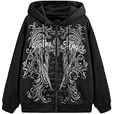 BEAUDRM Women's Gothic Graphic Zip Up Halloween Hoodies Y2k Rhinestones Drawstring Baggy Hooded Sweatshirts Jackets