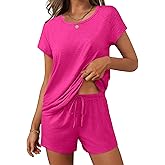 Ekouaer Women 2 Piece Pajamas Set Short Sleeve Comfy Lounge Set Round Neck Tops and Shorts Pjs with Pockets