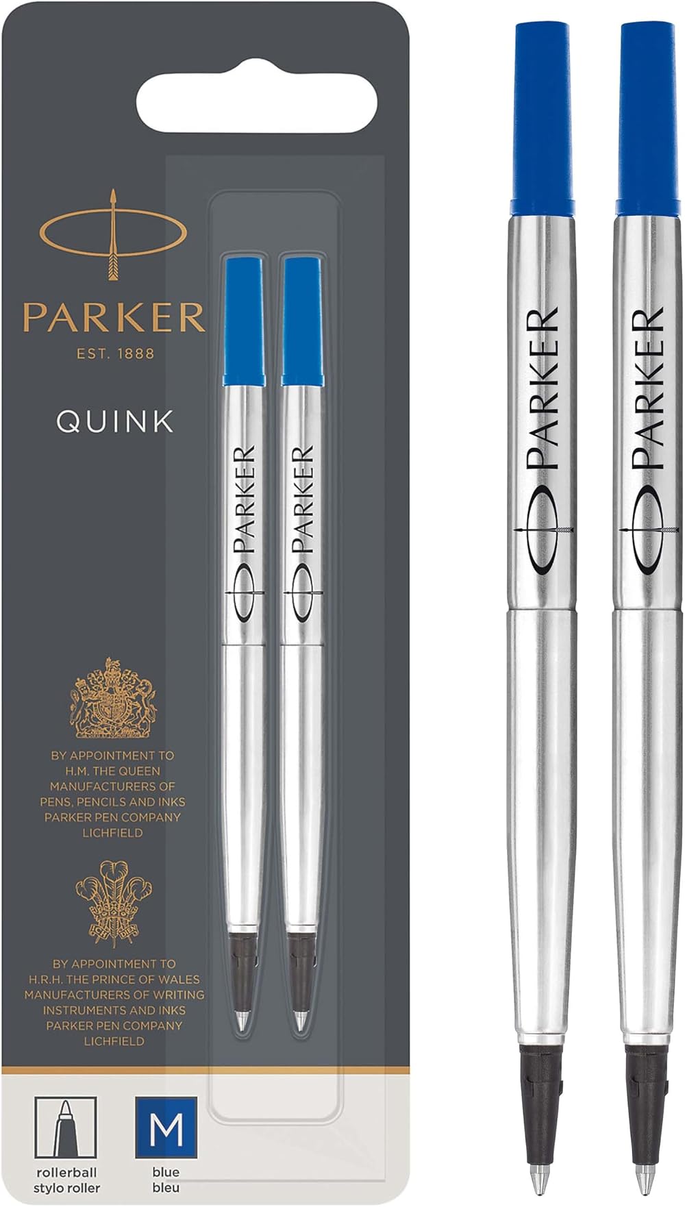 Parker Rollerball Pen Refills Medium Blue QUINK Ink 2 Count