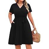 IN'VOLAND Women's Plus Size V Neck Knee Length Dress Casual Floral Dresses Summer Short Sleeve Sundress with Pockets