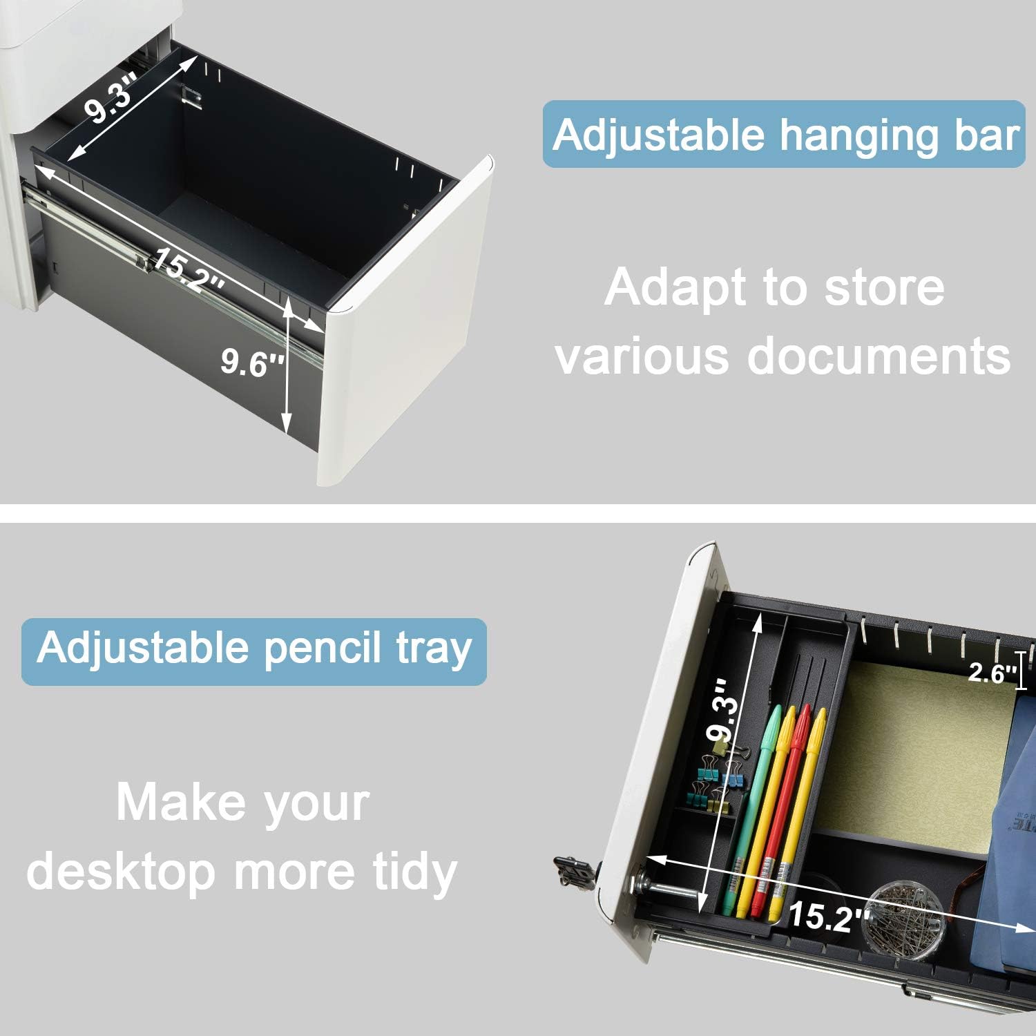 REYADE 3 Drawer Mobile File Cabinet, Slim Metal Office Storage Cabinet with Lock, Under Desk Office Pedestal File Cabinet, Fully Assembled, Suitable for Legal/Letter/A4 File, White: Kitchen & Dining