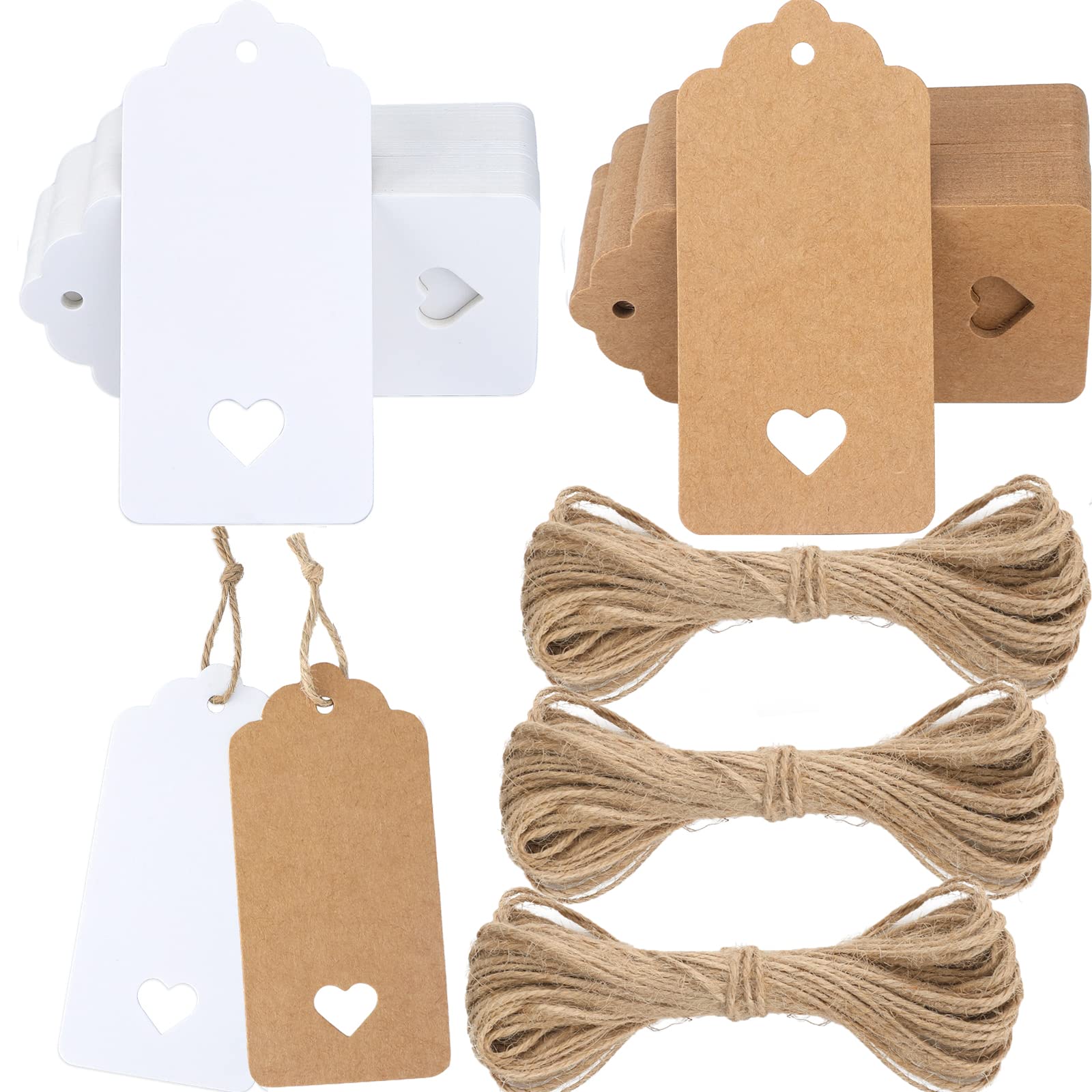 Kraft Tags Hollow Heart Gift Tags 9.5 * 4.5CM, 200PCS with Jute Twine for Wedding, Valentine's Day (100PCS Brown + 100PCS White)