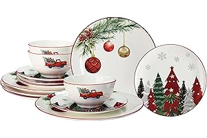 LemonRoad 18 Pcs Christmas Dinnerware Serve for 6 Guest Ceramic Xmas Tableware Collection Holiday Plates and Bowls Set for Fe