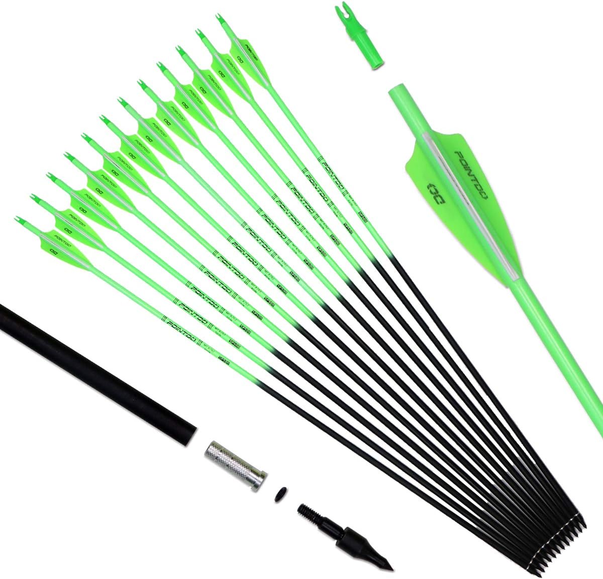 Pointdo 30inch Carbon Arrow Fluorescence Color Targeting and Practice and Hunting Arrows for Compound Bow and Recurve Bow with Removable Tips