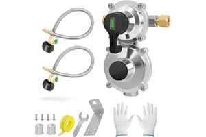 Zejoot RV Dual Tank Regulator Kit with 2 Hoses, 2-Stage Automatic Changeover Regulator with Gauge, 18'' Stainless Steel Braided Pigtails, Dual Cylinder Connection Kit for RV, Trailer, Camper